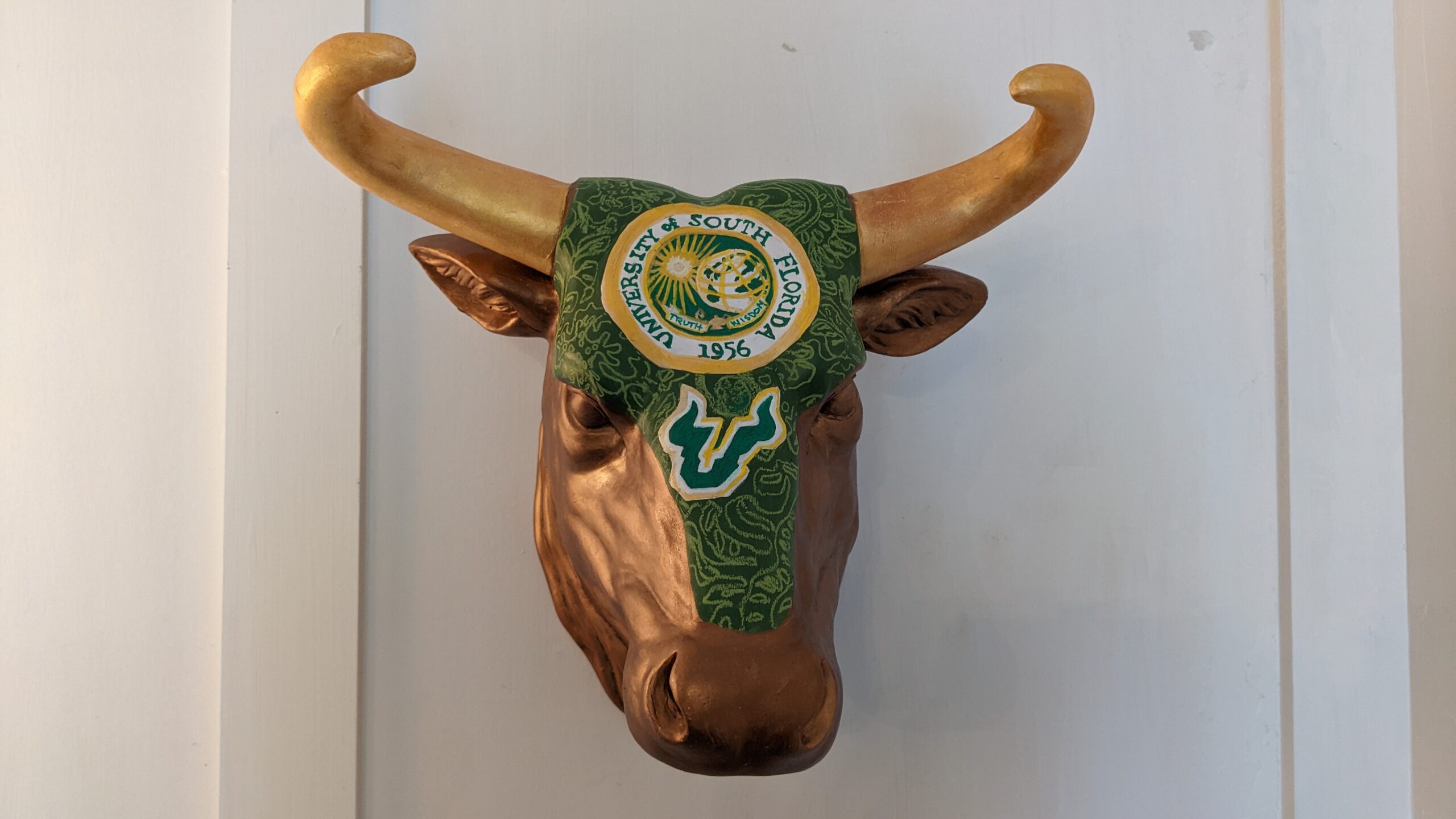 University of South Florida bull statue head painted USF